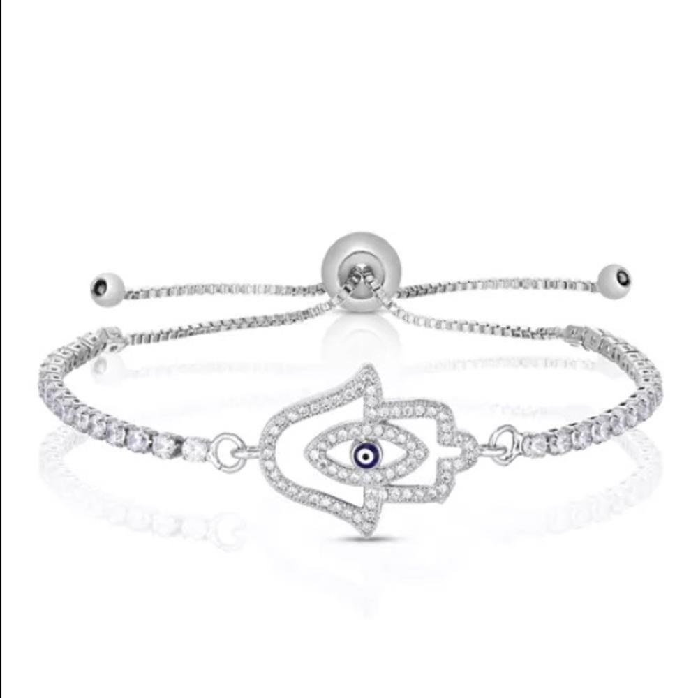 Hamsa Adjustable Bolo CZ, Fine Silver Bracelet